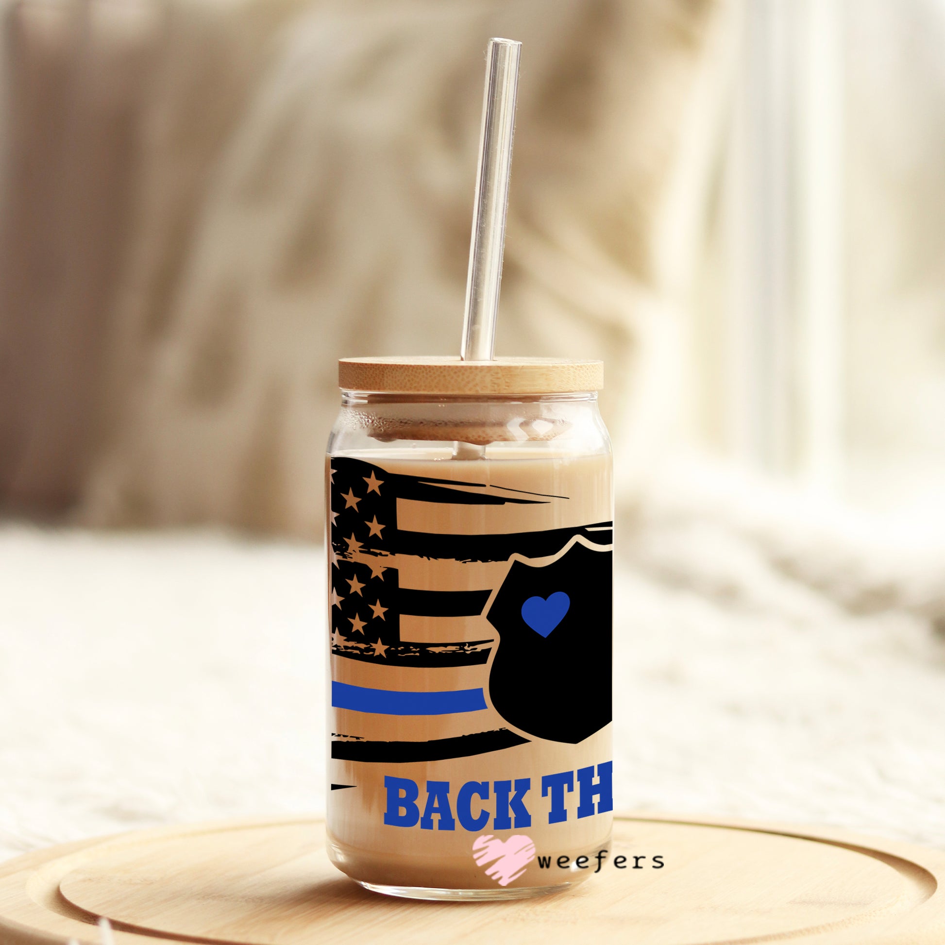 Blue Striped Flag Back the Blue Police 16oz Libbey Glass Can UV DTF or Sublimation Wrap - Decal - Weefers