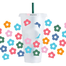 Load image into Gallery viewer, Bright Retro Flowers 24oz UV-DTF Cold Cup Wrap - Ready to apply Wrap - HOLE
