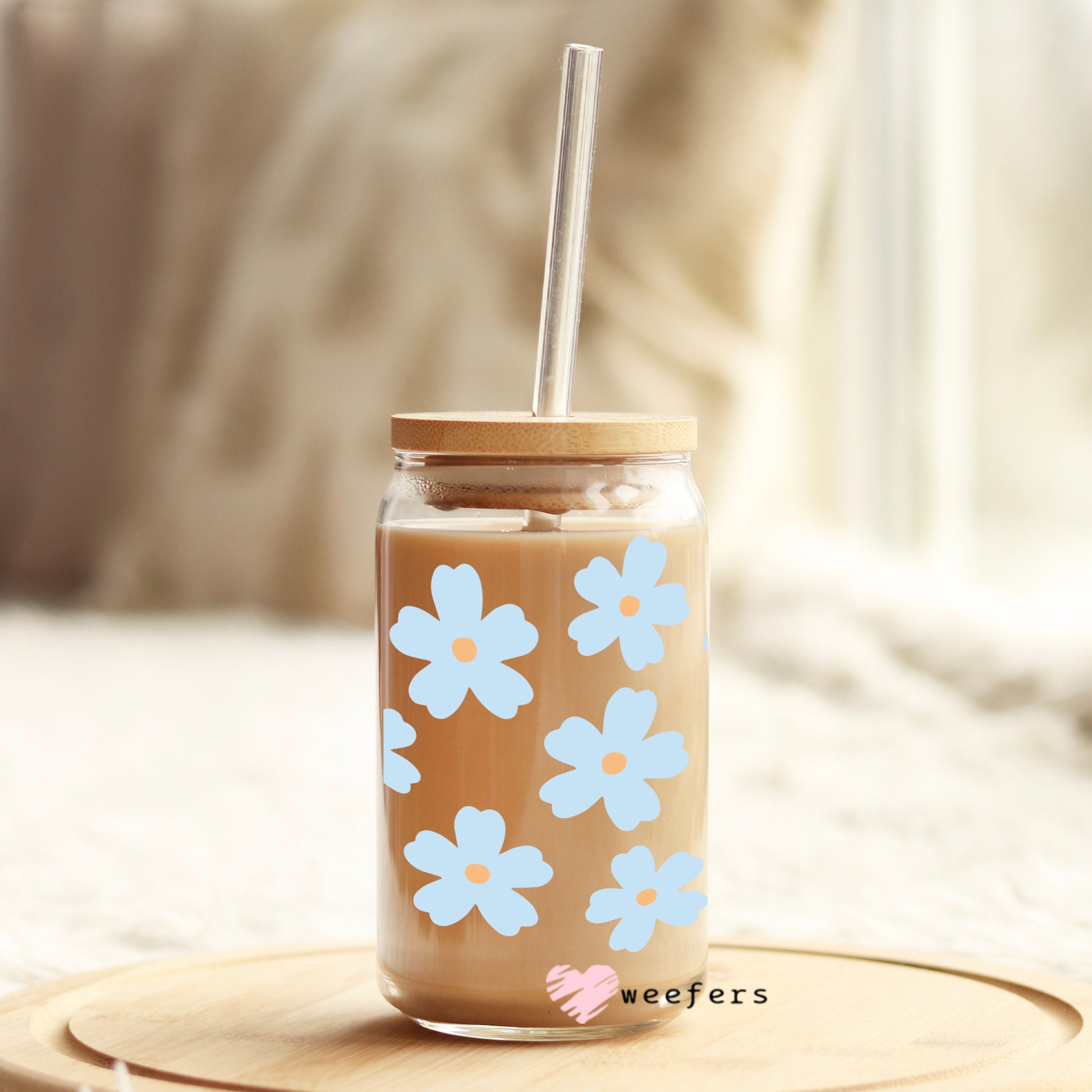 Baby Blue Daisies 16oz Libbey Glass Can UV DTF or Sublimation Wrap - Decal - Weefers