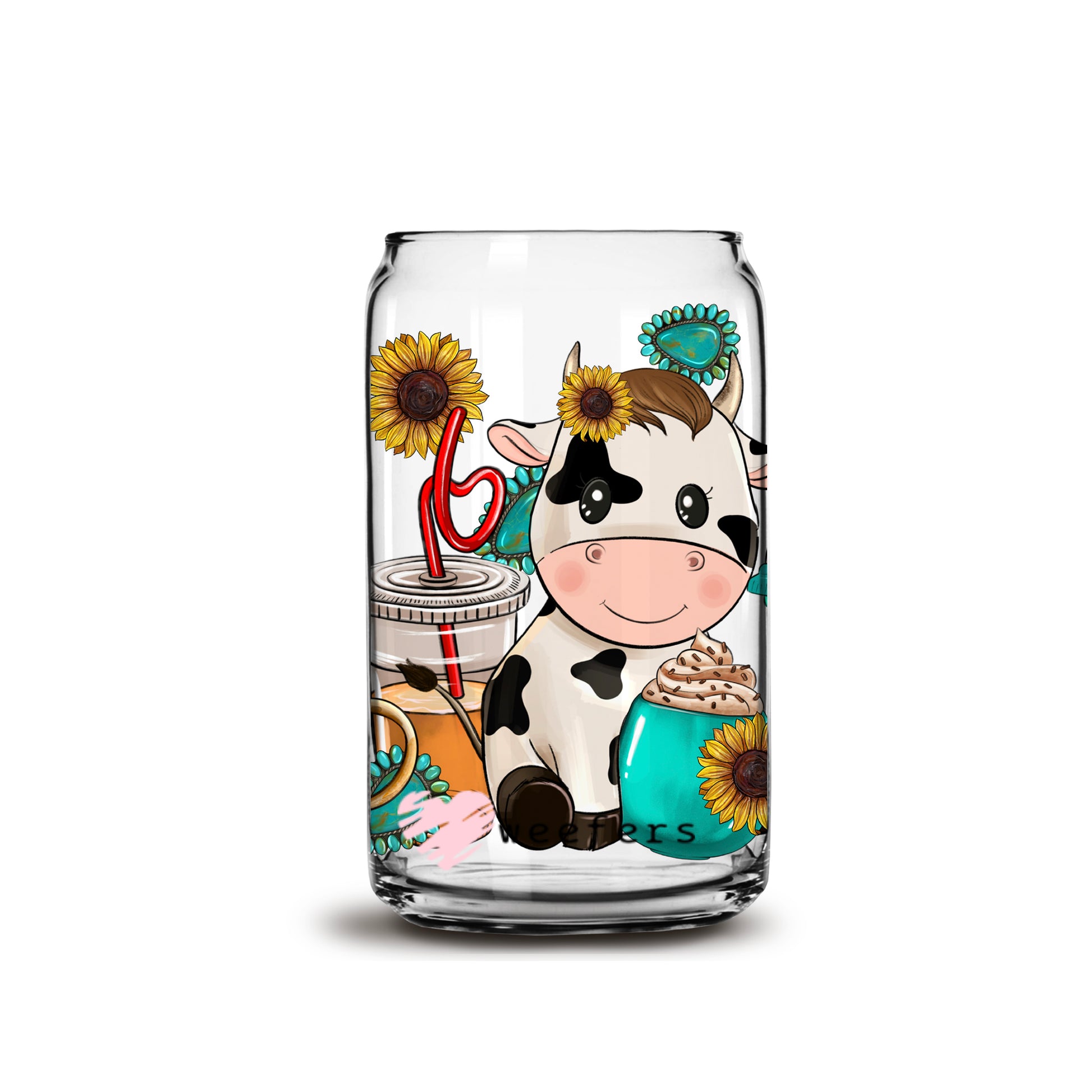 Western Sunflower Cow Libbey Glass Can UV DTF or Sublimation Wrap - Decal - Weefers