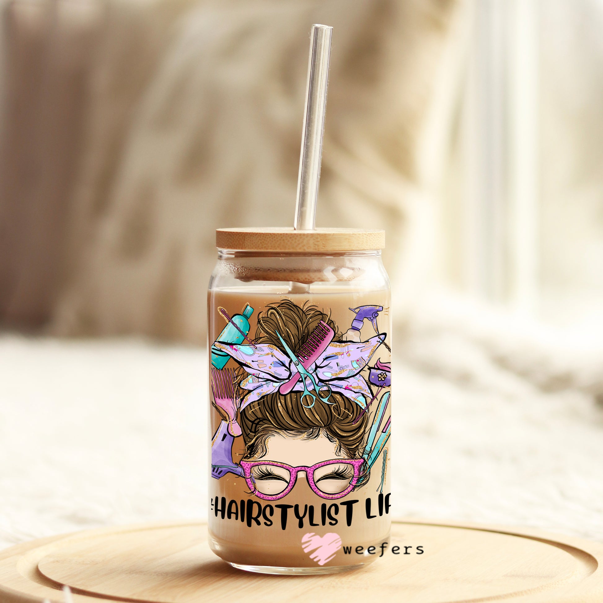 Hair Stylist Life Messy Bun 16oz Libbey Glass Can UV DTF or Sublimation Wrap - Decal - Weefers