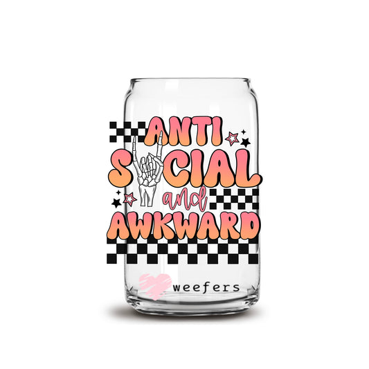 Anti-Social and Awkward 16oz Libbey Glass Can UV DTF or Sublimation Cup Wrap - Decal Transfer Weefers