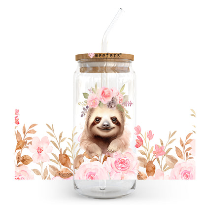 Floral Sloth 20oz Libbey Glass Can UV DTF or Sublimation Wrap - Decal - Weefers