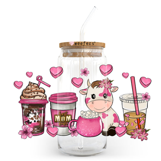 Pink Cutie Cow Coffee Latte 20oz Libbey Glass Can, 34oz Hip Sip, 40oz Tumbler UV DTF or Sublimation Decal Transfer - Weefers