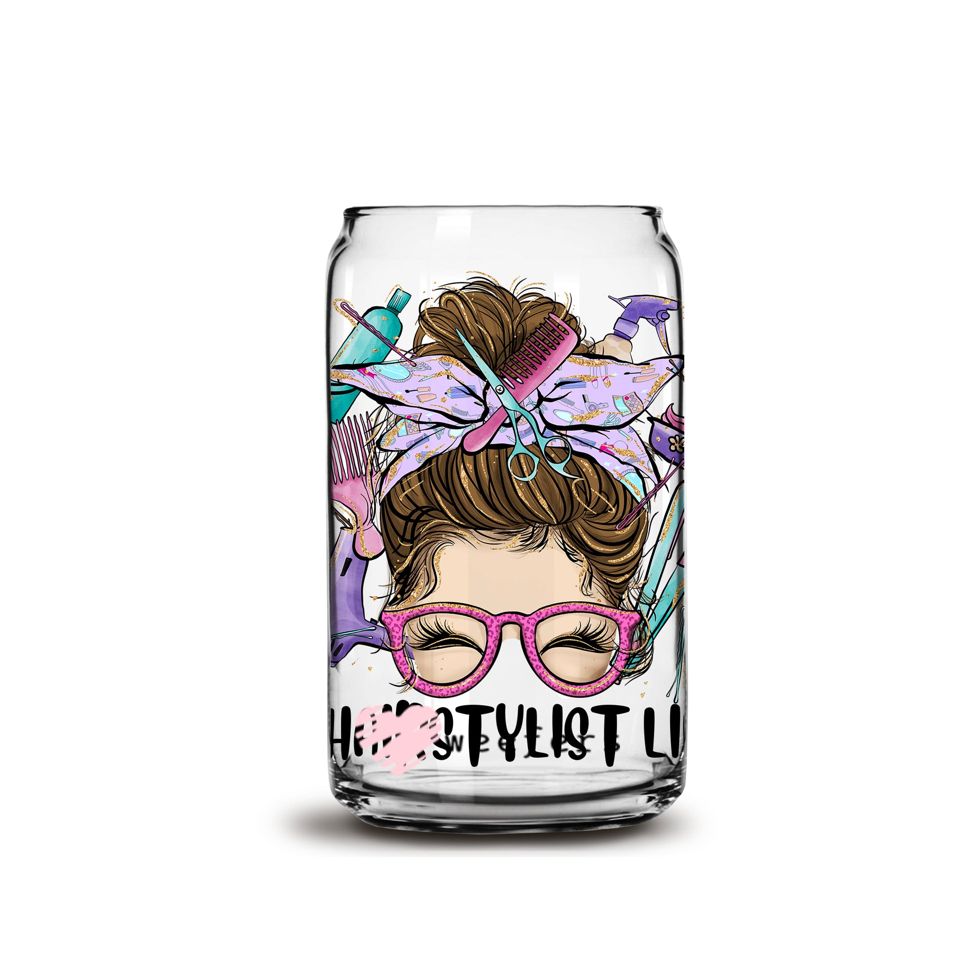 Hair Stylist Life Messy Bun 16oz Libbey Glass Can UV DTF or Sublimation Wrap - Decal - Weefers