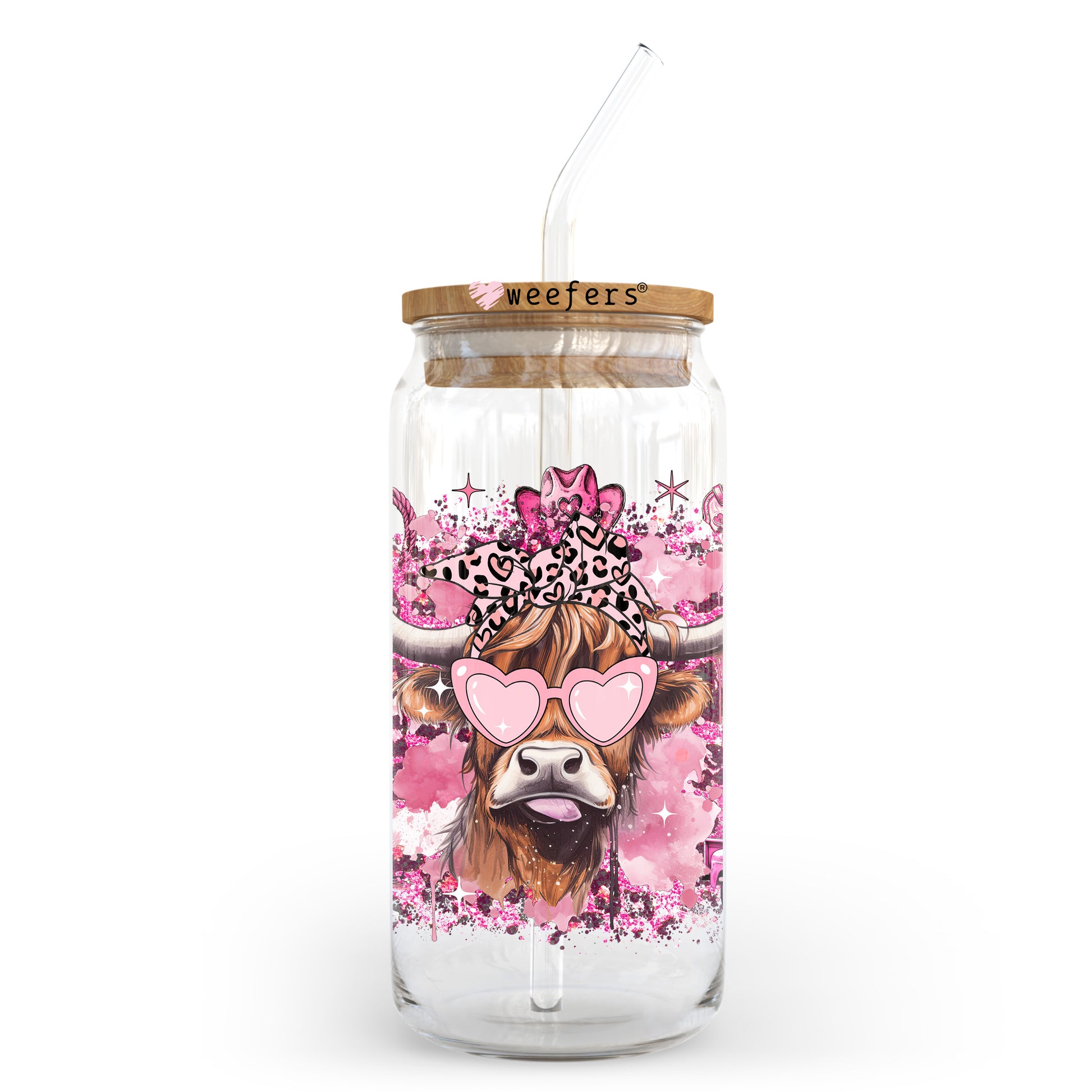 Pink Bougee Highlander Cow 20oz Libbey Glass Can UV DTF or Sublimation Wrap - Decal Transfer - Weefers