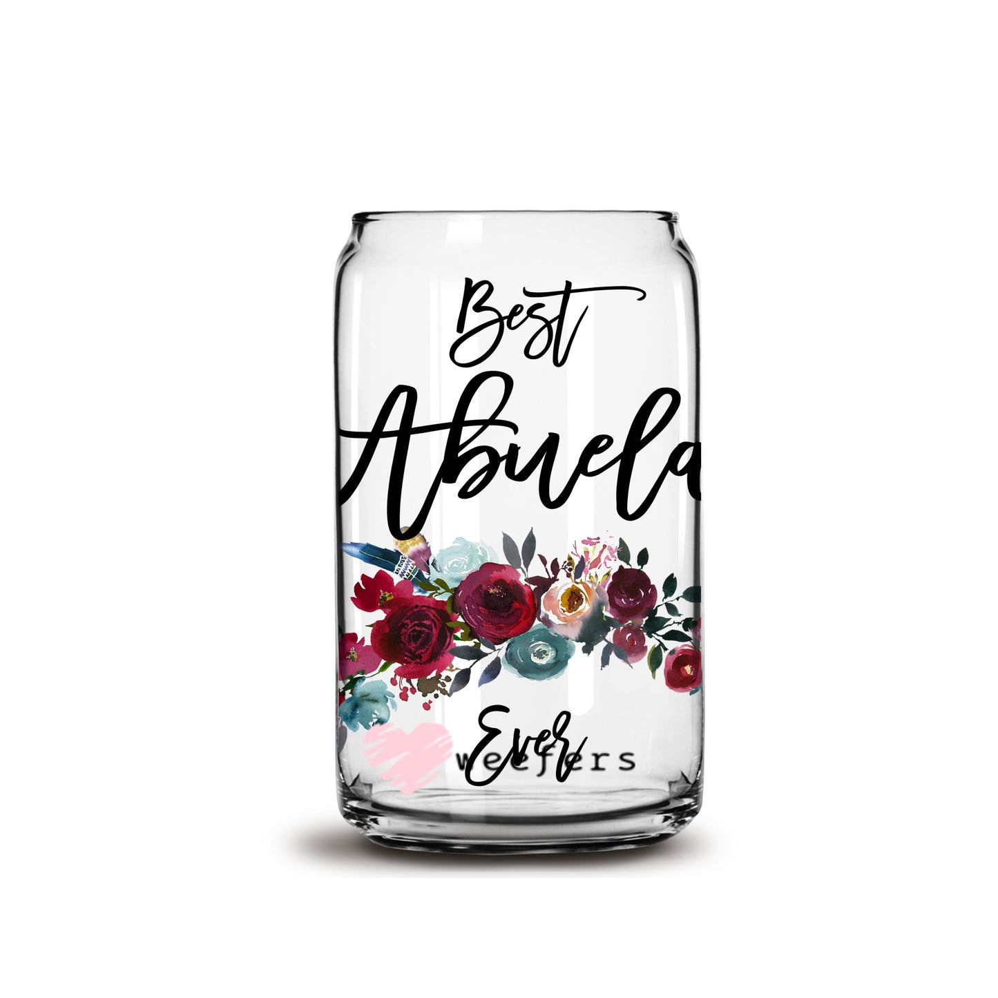 Best Abuela Ever Burgundy Floral 16oz Libbey Glass Can UV DTF or Sublimation Wrap - Decal - Weefers