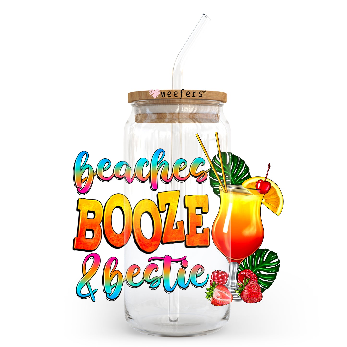 Beaches Booze and Bestie 20oz Libbey Glass Can, 34oz Hip Sip, 40oz Tumbler UV DTF or Sublimation Decal Transfer - Weefers