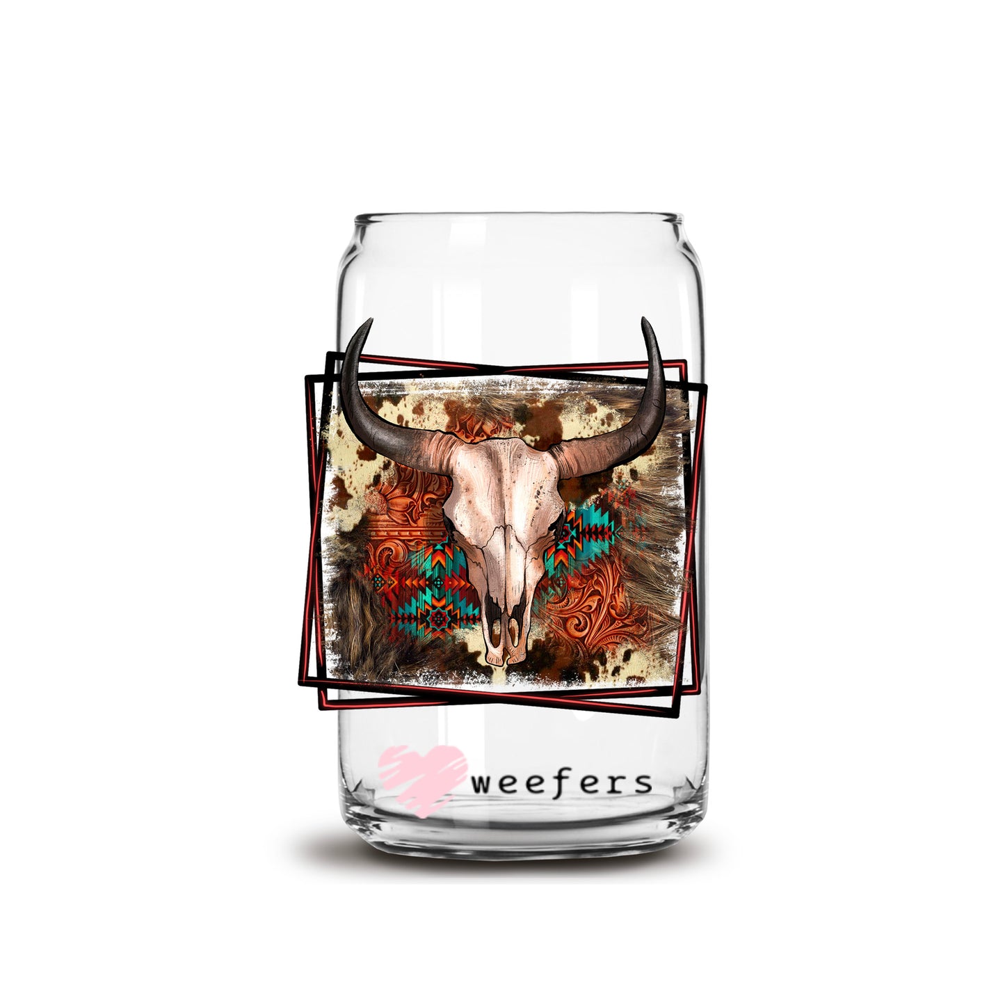 Rustic Cow Skull 16oz Libbey Glass Can UV DTF or Sublimation Cup Wrap - Decal Transfer - Weefers