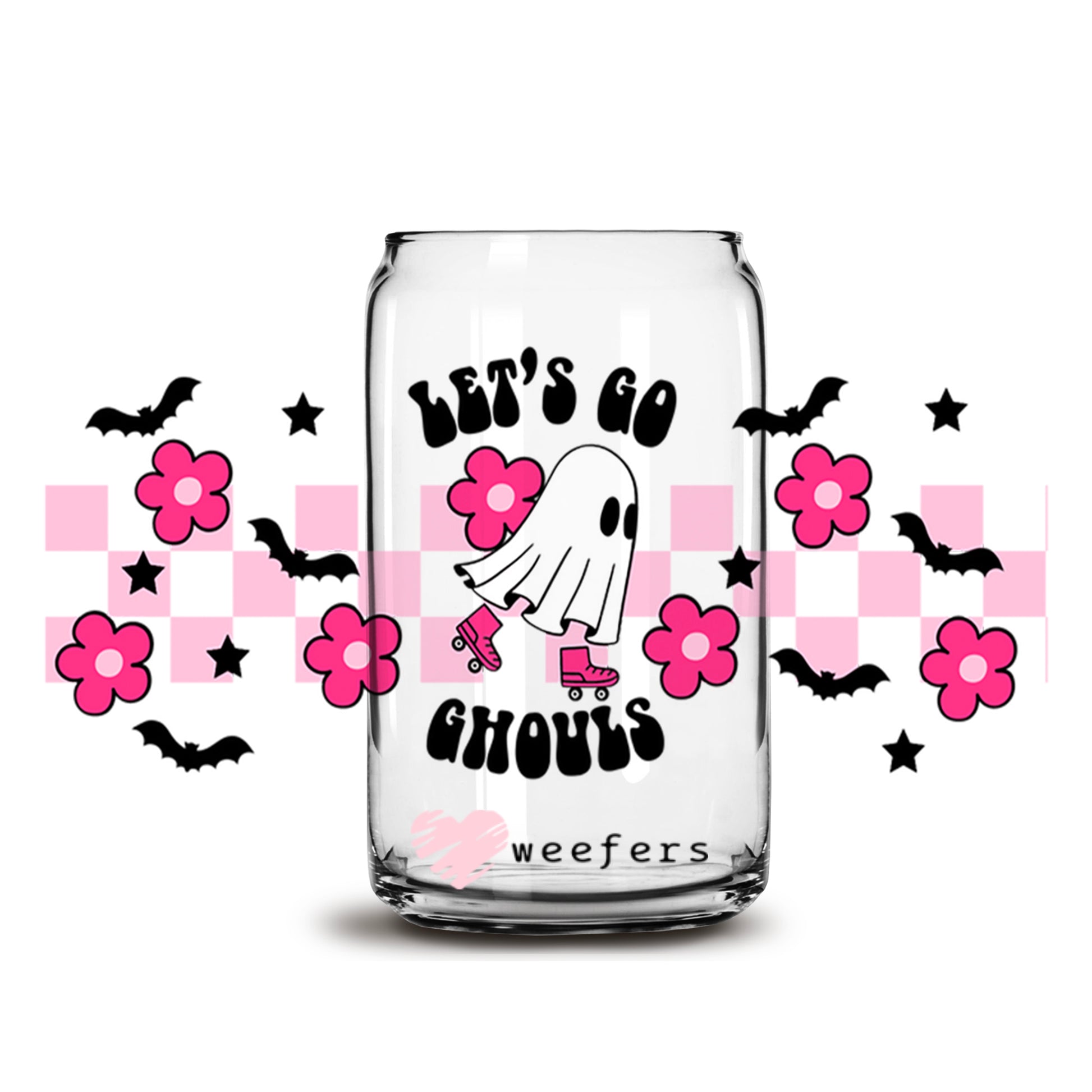 Let's Go Ghouls Pink and Black Halloween 16oz Libbey Glass Can UV DTF or Sublimation Wrap - Decal - Weefers