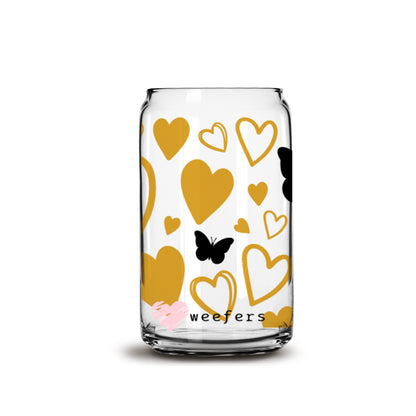 Gold Hearts and Black Butterflies 16oz Libbey Glass Can UV DTF or Sublimation Wrap - Decal - Weefers