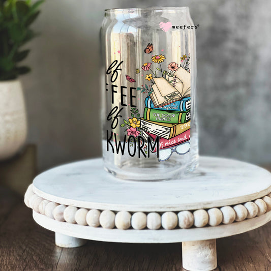 Half Coffee Half Bookworm 16oz Libbey Glass Can UV DTF or Sublimation Cup Wrap - Decal Transfer Weefers