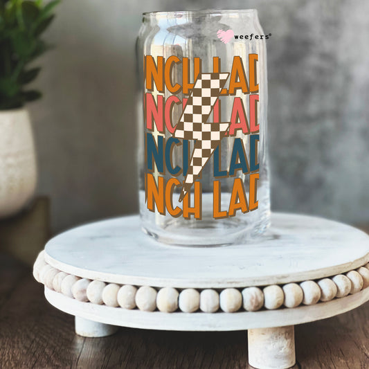 Lunch lady Checkered Lightening Bolt 16oz Libbey Glass Can UV DTF or Sublimation Wrap - Decal Weefers