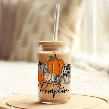 Hey Pumpkin Fall 16oz Libbey Glass Can UV DTF or Sublimation Wrap - Decal - Weefers