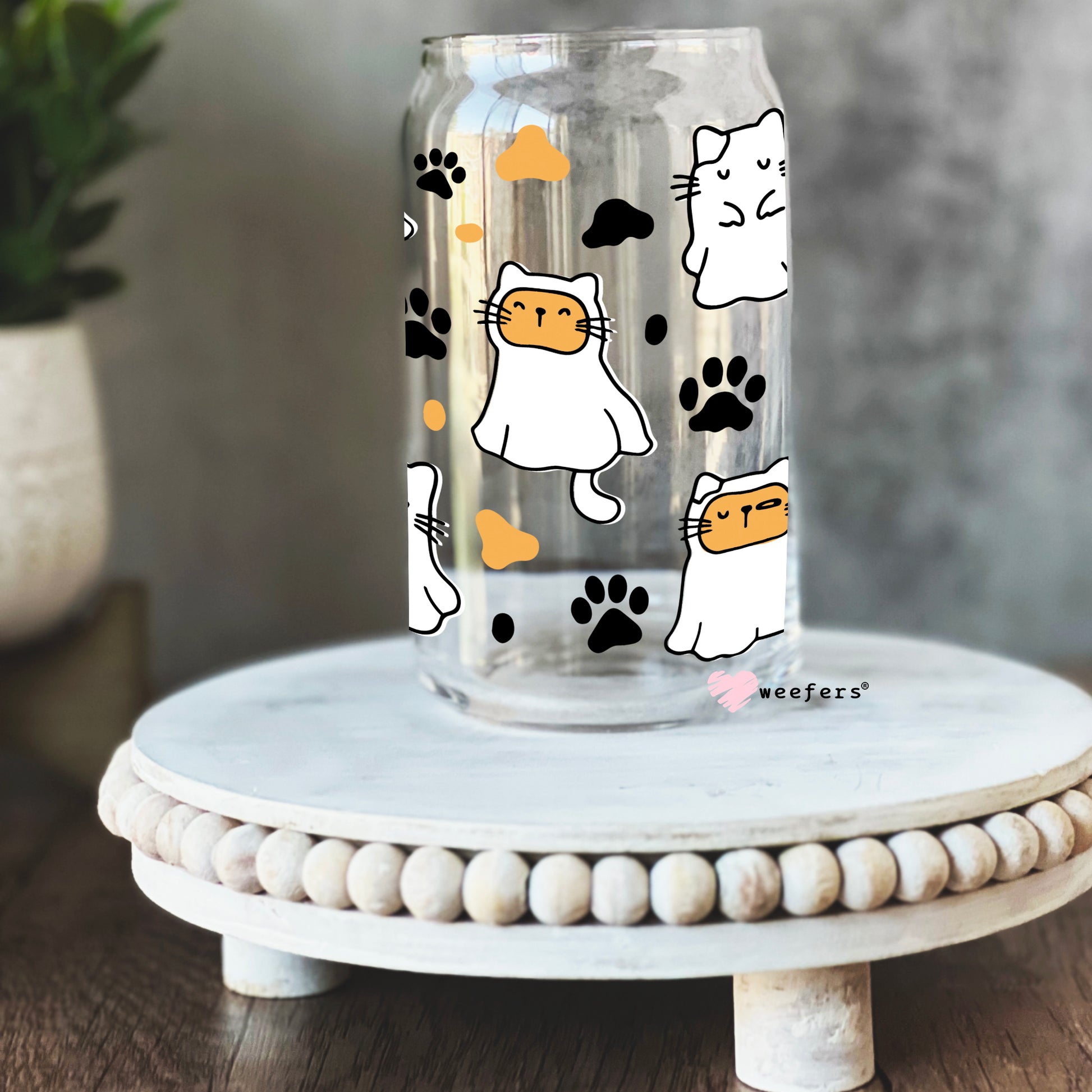 Halloween Cat Ghost 16oz Libbey Glass Can UV DTF or Sublimation Wrap - Decal - Weefers