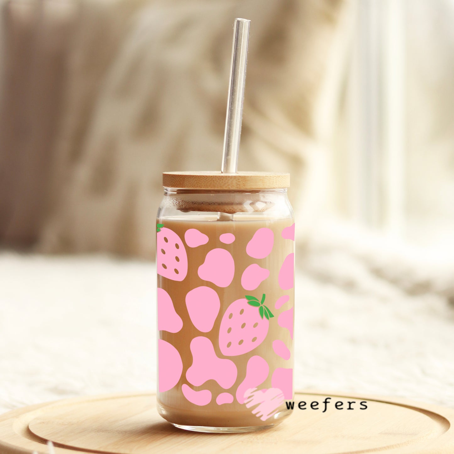 Pink Strawberry Cow Print Libbey Glass Can Wrap UV DTF Sublimation Transfers - Weefers