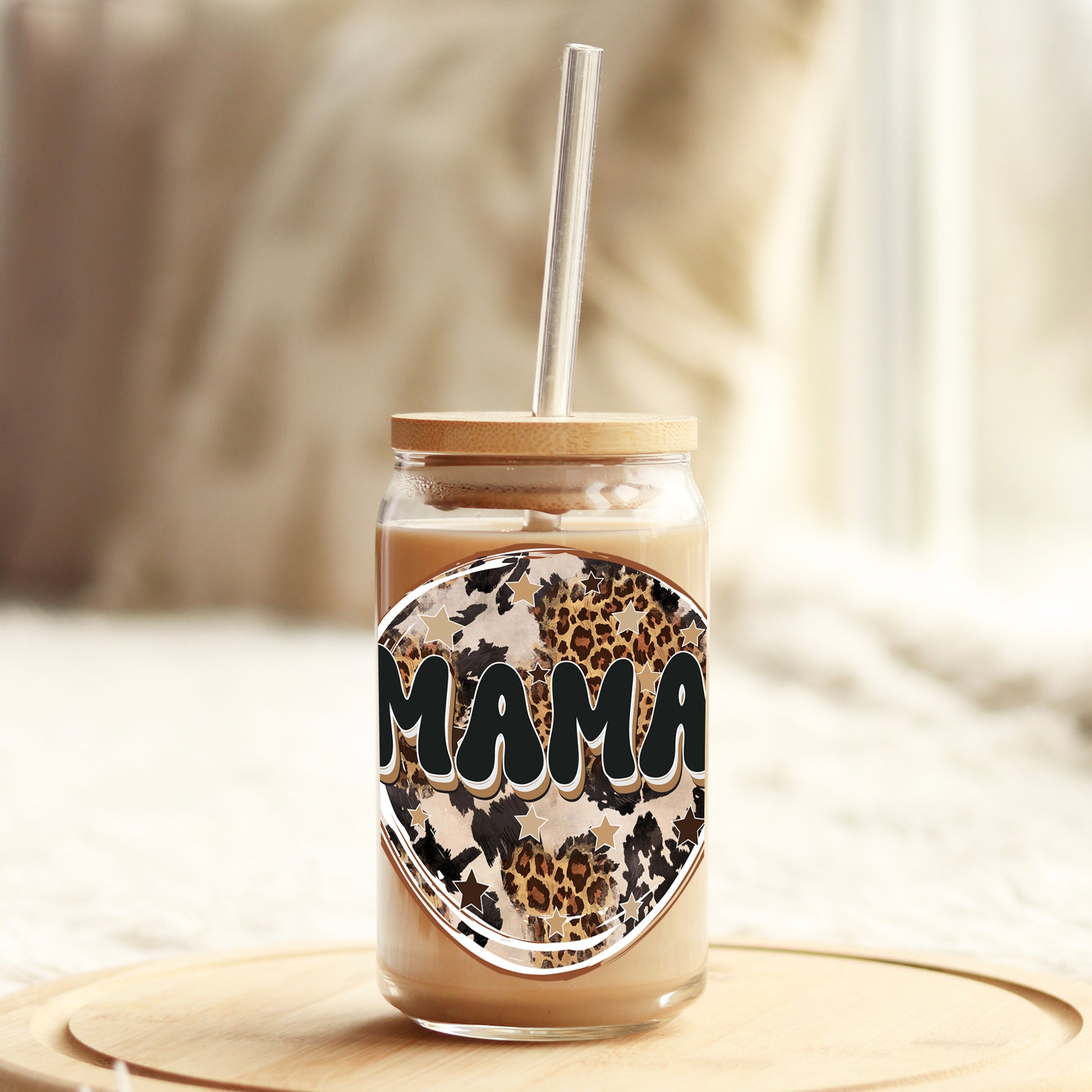 Mama Beige Leopard 16oz Libbey Glass Can UV DTF or Sublimation Cup Wrap - Decal Transfer - Weefers