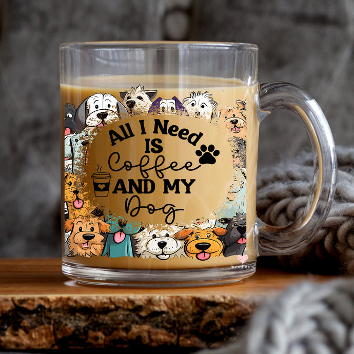 a glass mug with a picture of dogs on it