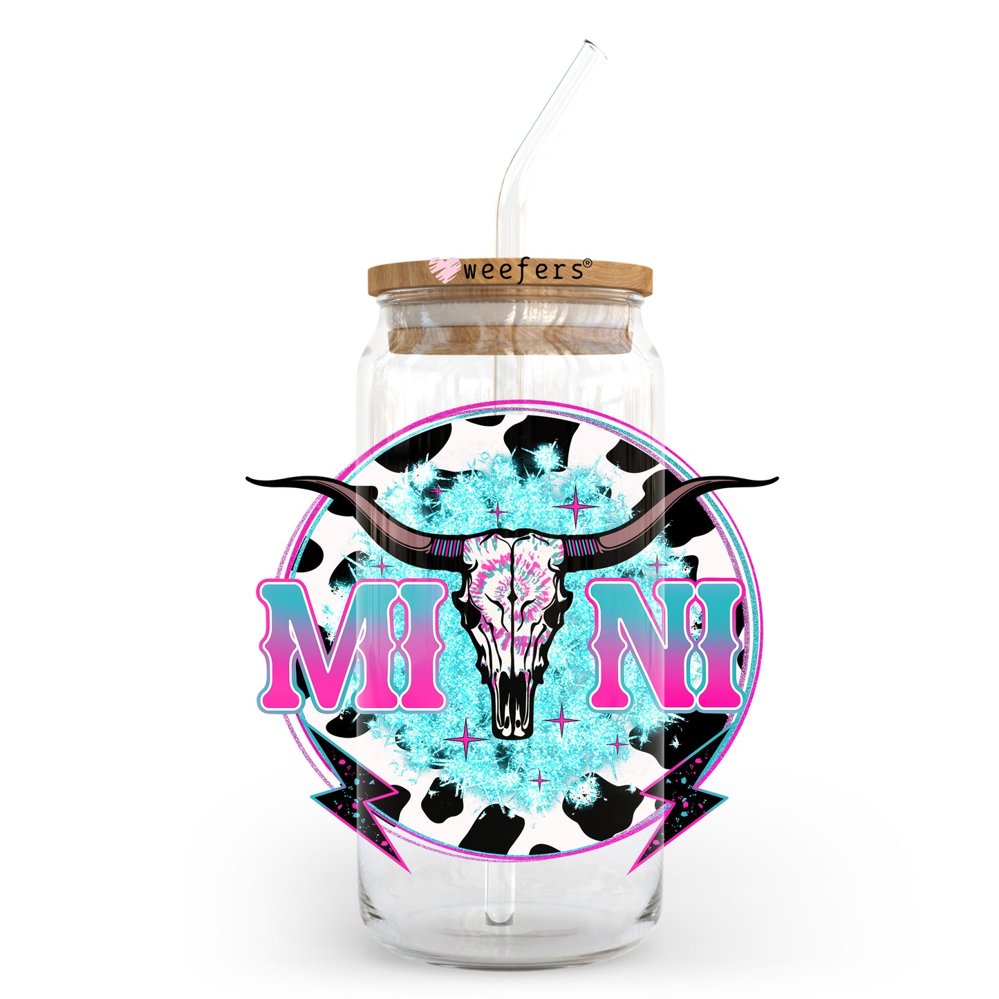 Blue Mini Cow Skull 20oz Libbey Glass Can UV DTF or Sublimation Wrap - Decal Transfer - Weefers