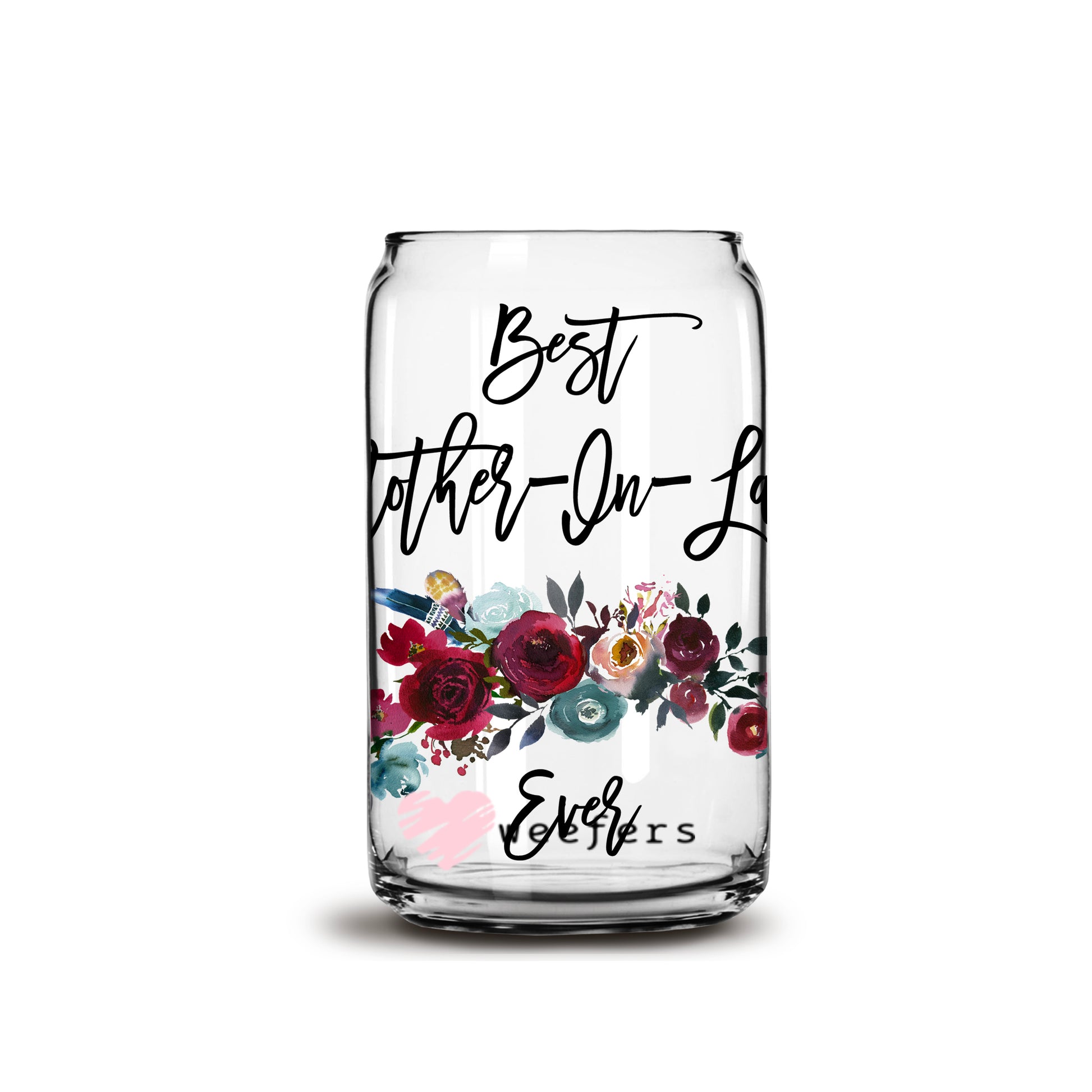 Best Mother In Law Ever Burgundy Floral 16oz Libbey Glass Can UV DTF or Sublimation Wrap - Decal - Weefers