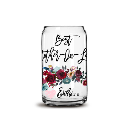 Best Mother In Law Ever Burgundy Floral 16oz Libbey Glass Can UV DTF or Sublimation Wrap - Decal - Weefers