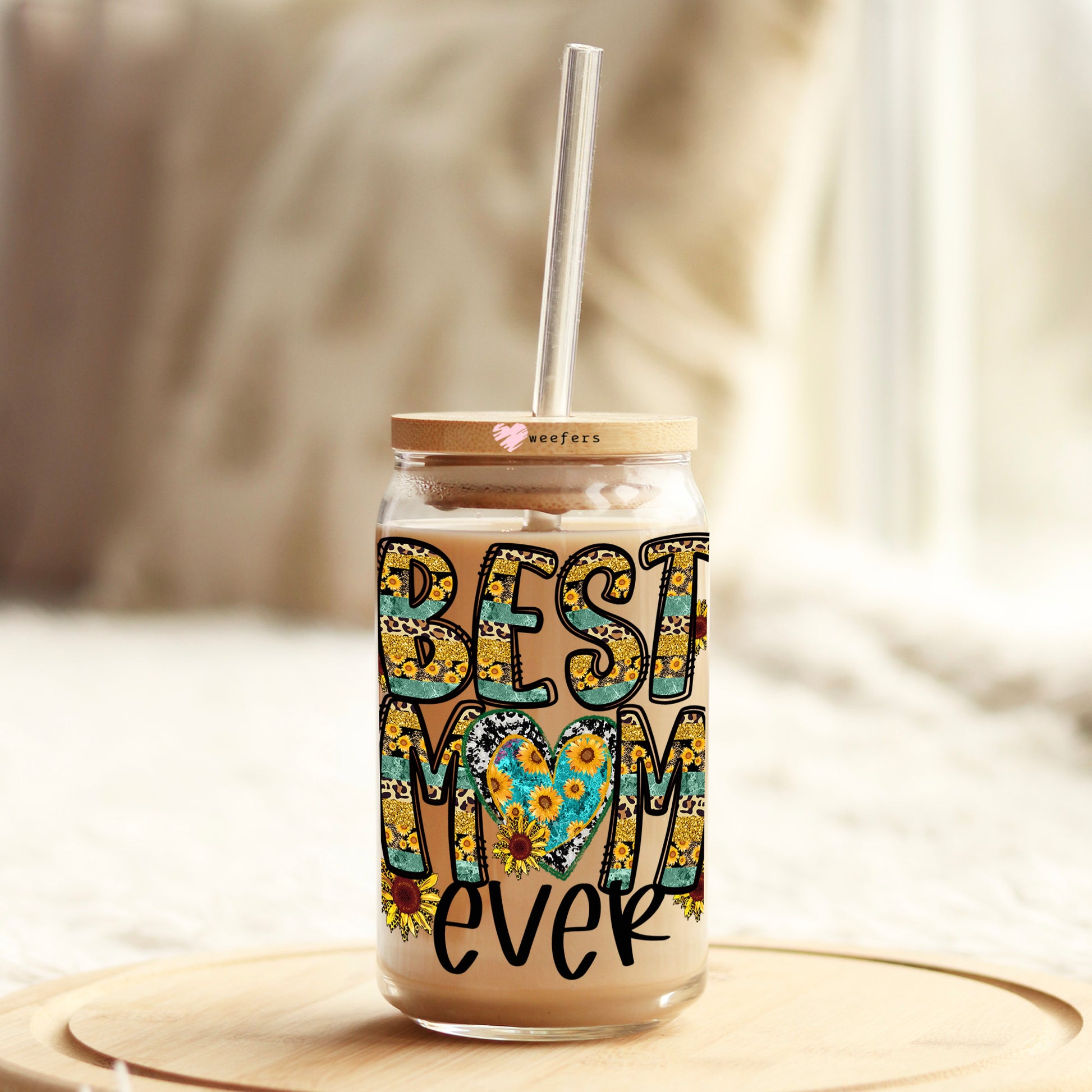 Best Mom Ever Sunflowers 16oz Libbey Glass Can UV DTF or Sublimation Cup Wrap - Decal Transfer - Weefers