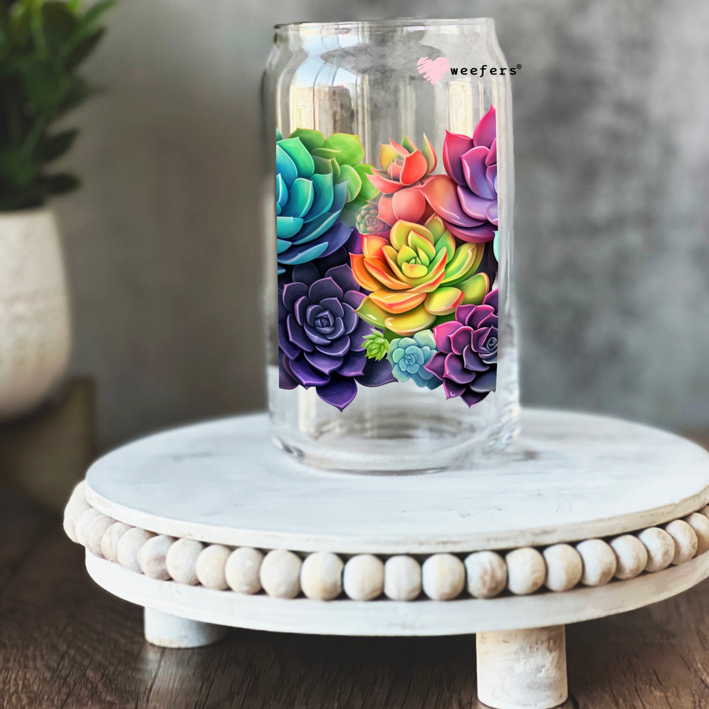 Colorful 3D Succulent 16oz Libbey Glass Can UV DTF or Sublimation Wrap - Decal - Weefers