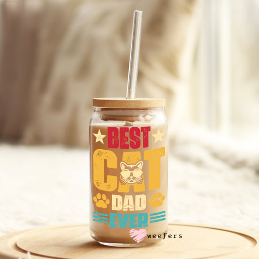 Father's Dad Best Cat Dad Ever 16oz Libbey Glass Can UV DTF or Sublimation Wrap - Decal - Weefers