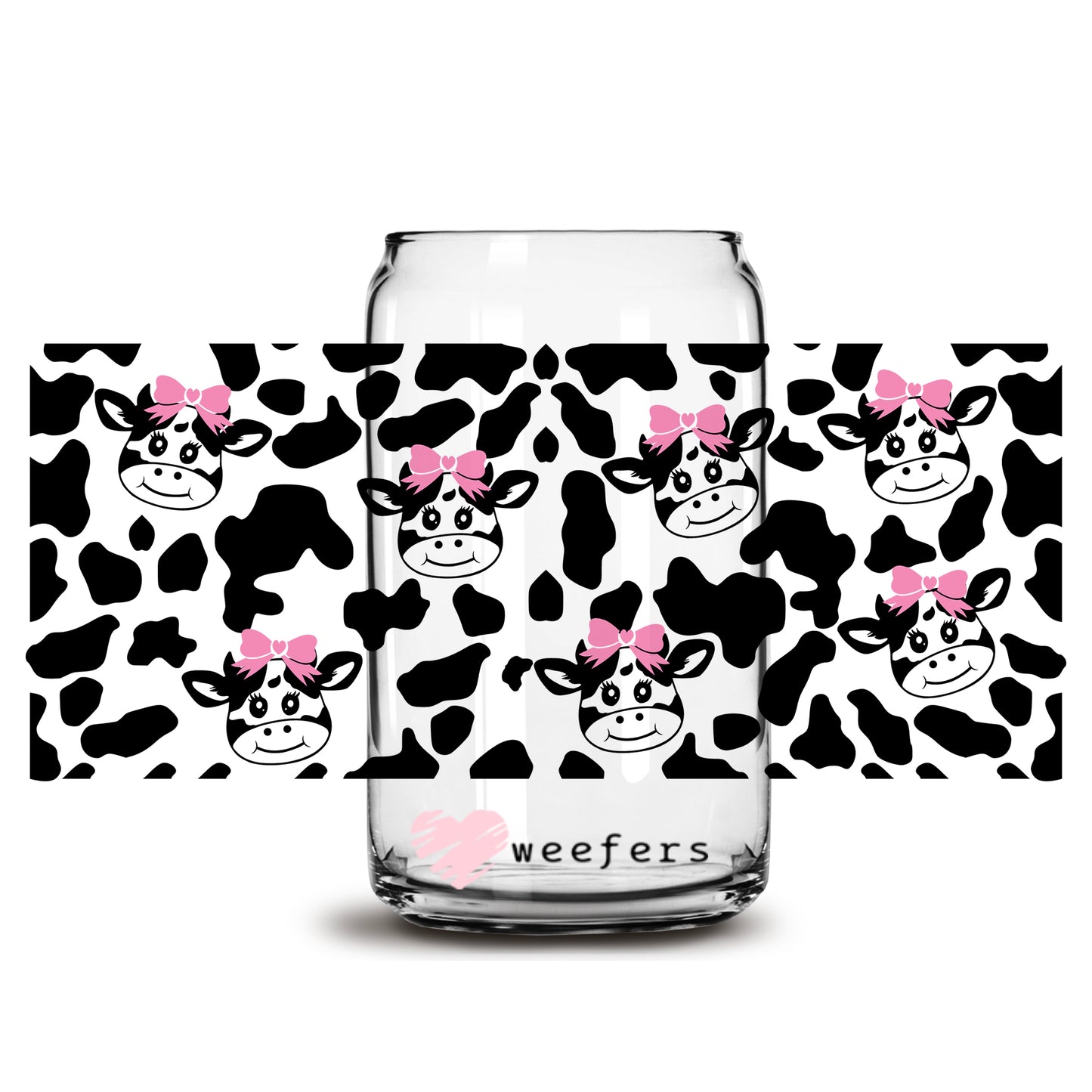 Cute Pink Black Cow Print 16oz Libbey Glass Can UV DTF or Sublimation Wrap - Decal - Weefers