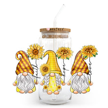Load image into Gallery viewer, a mason jar with sunflowers and gnomes on it
