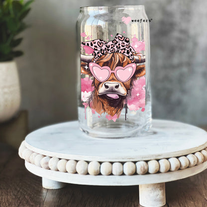 Bougie Pink Highlander Cow 16oz Libbey Glass Can UV DTF or Sublimation Cup Wrap - Decal Transfer - Weefers