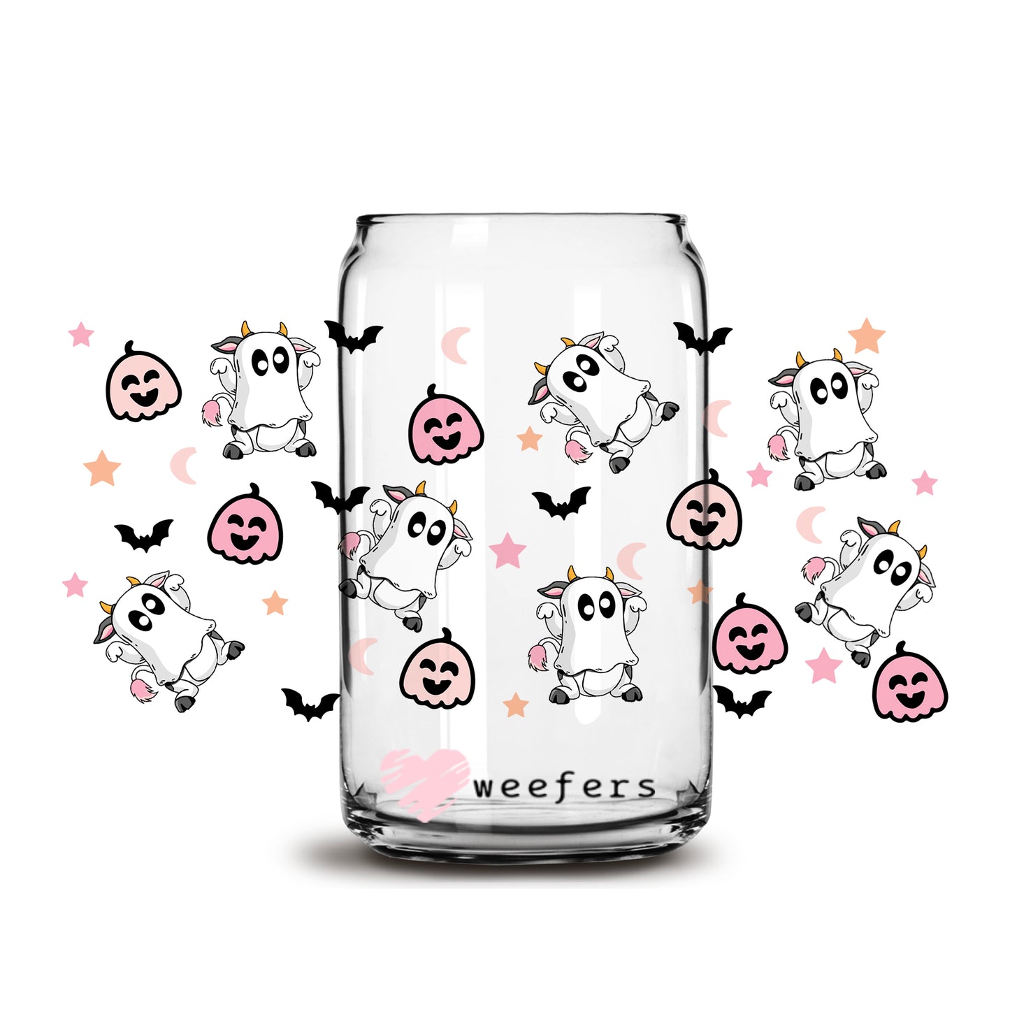 Cute Cow Ghosts Halloween 16oz Libbey Glass Can UV DTF or Sublimation Wrap - Decal - Weefers