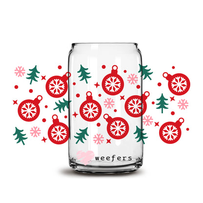 Red and Green Christmas Ornaments 16oz Libbey Glass Can UV DTF or Sublimation Wrap - Decal - Weefers