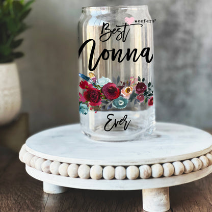 Best Nonna Ever Burgundy Floral 16oz Libbey Glass Can UV DTF or Sublimation Wrap - Decal - Weefers