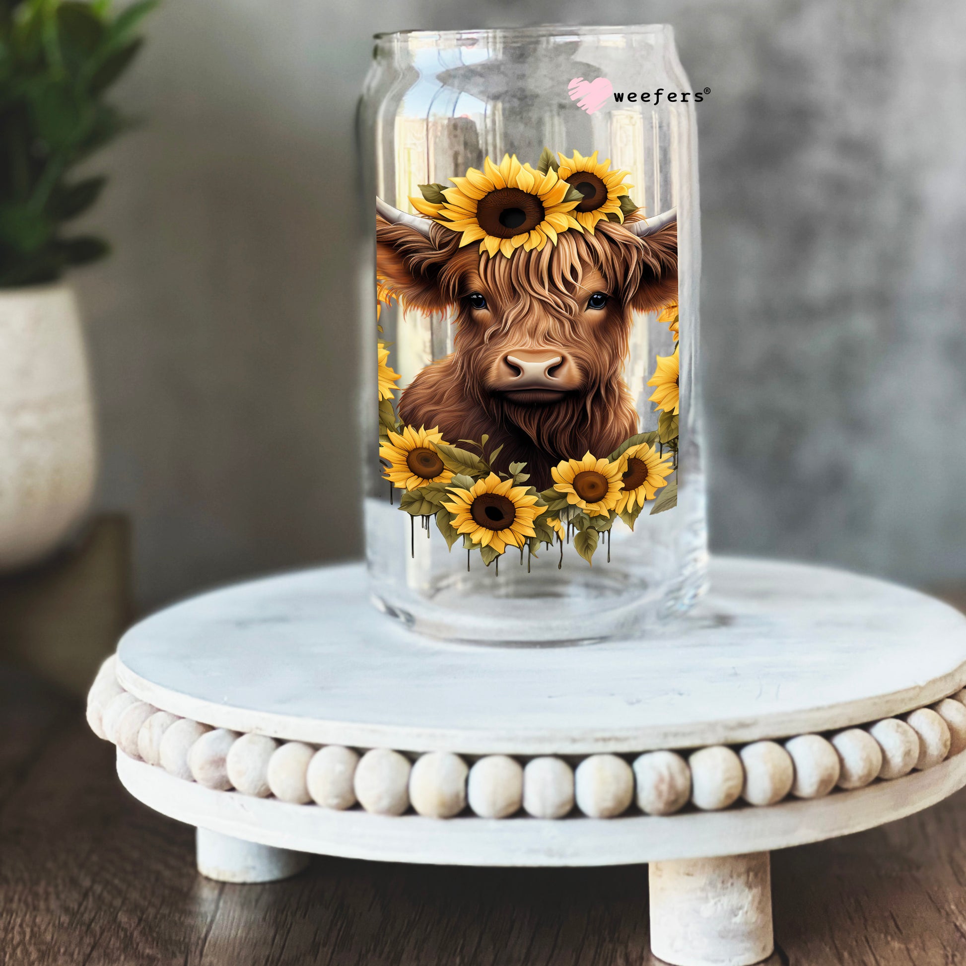 Sunflower Highlander Cow 16oz Libbey Glass Can UV DTF or Sublimation Cup Wrap - Decal Transfer - Weefers