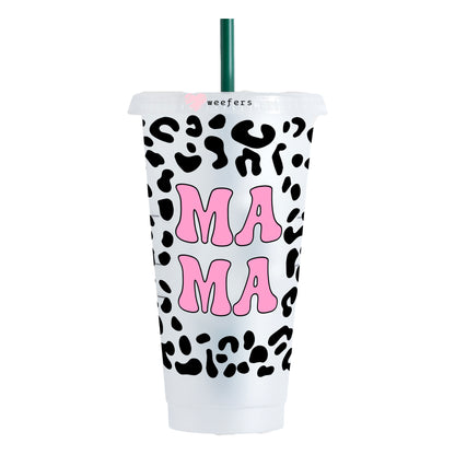 Pink MAMA and Black Leopard NO HOLE 24oz Cold Cup UV DTF Wrap - Ready to apply Wrap - Weefers