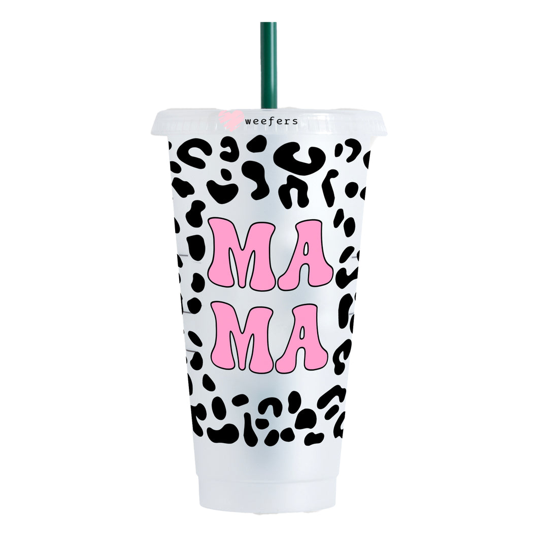 Pink MAMA and Black Leopard NO HOLE 24oz Cold Cup UV-DTF Wrap - Ready to apply Wrap