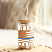 Load image into Gallery viewer, Back the Blue Striped Flag Police 16oz Libbey Glass Can UV-DTF or Sublimation Decal Transfer
