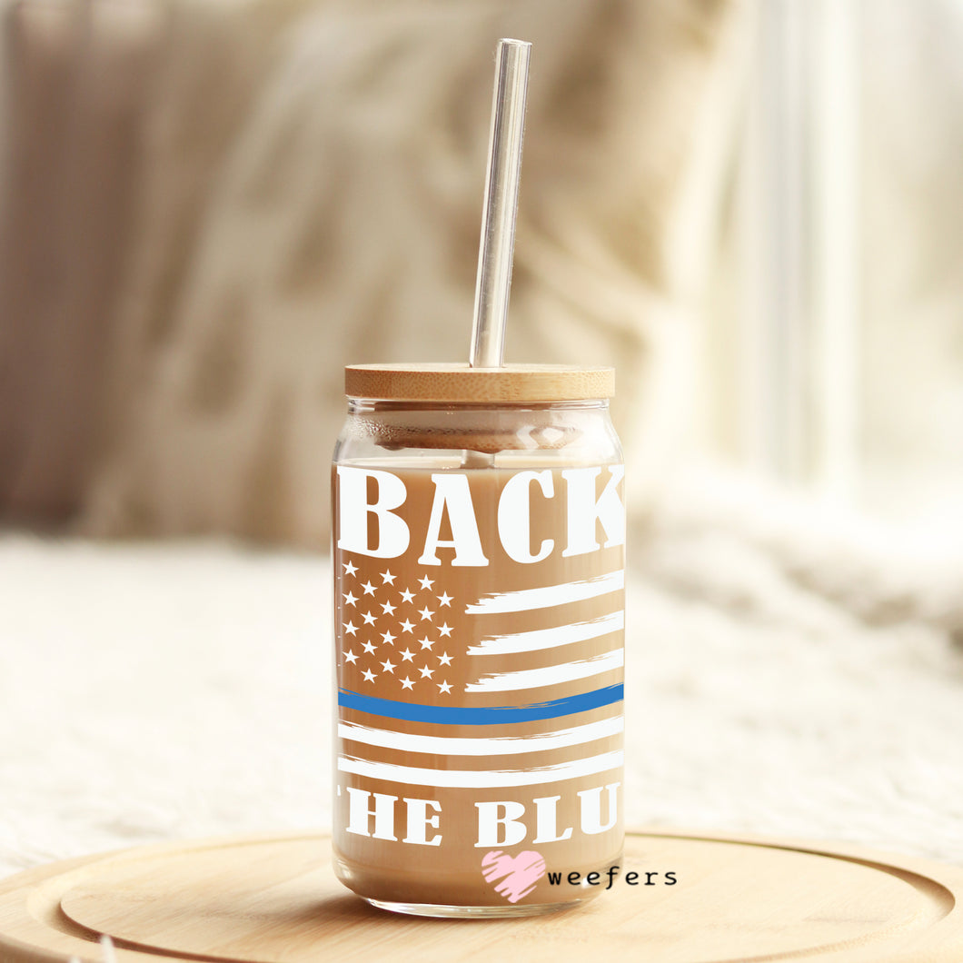 Back the Blue Striped Flag Police 16oz Libbey Glass Can UV-DTF or Sublimation Decal Transfer