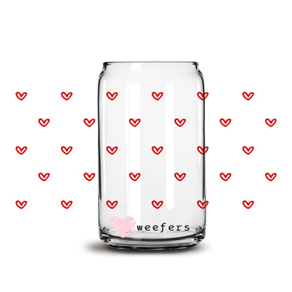 Red Hearts Valentine's Day 16oz Libbey Glass Can UV DTF or Sublimation Cup Wrap - Decal Transfer - Weefers