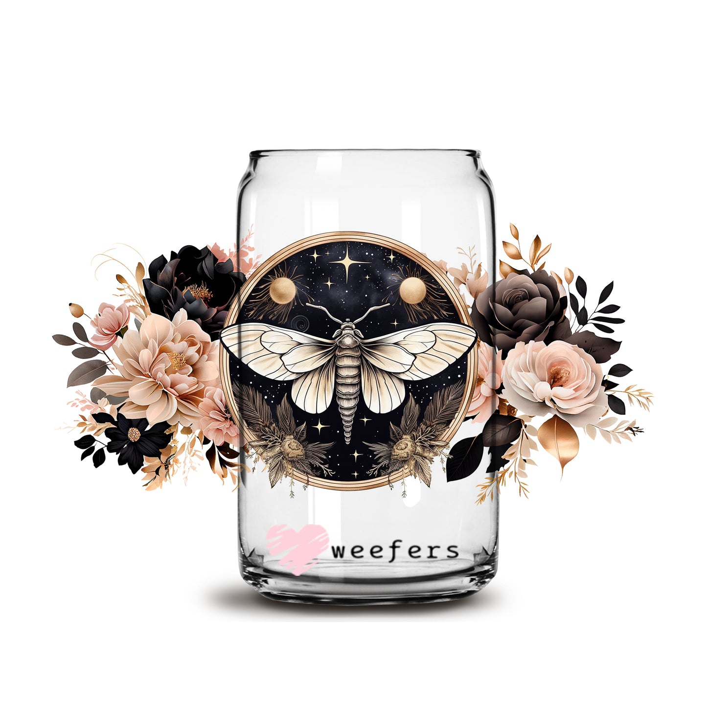 Moth Black and Pink Floral 16oz Libbey Glass Can UV DTF or Sublimation Wrap - Decal - Weefers