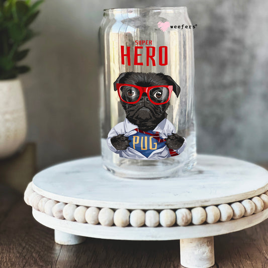 Pug Super Hero 16oz Libbey Glass Can UV DTF or Sublimation Cup Wrap - Decal Transfer Weefers