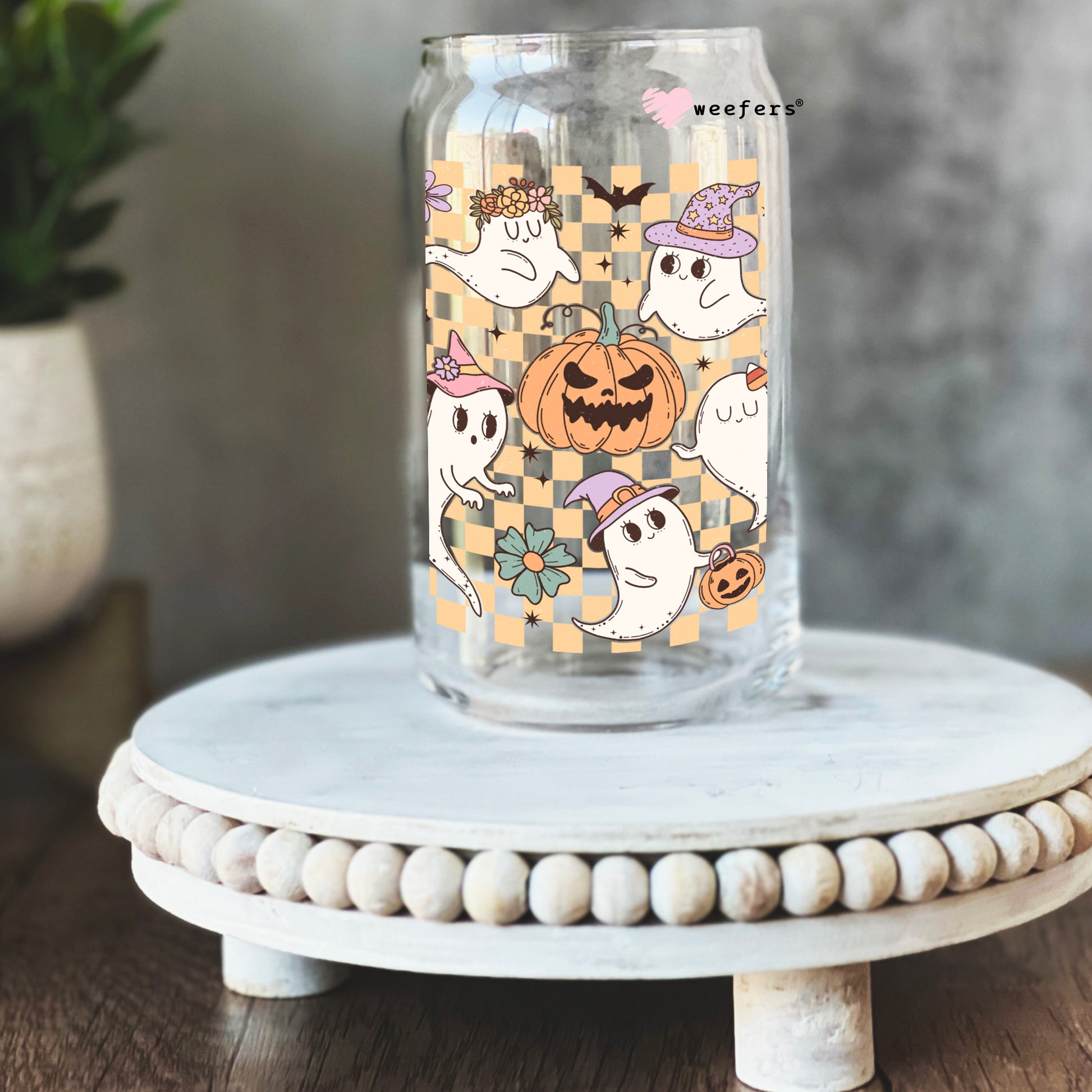 Ghosts and Pumpkins Checkers 16oz Libbey Glass Can UV DTF or Sublimation Wrap - Decal - Weefers