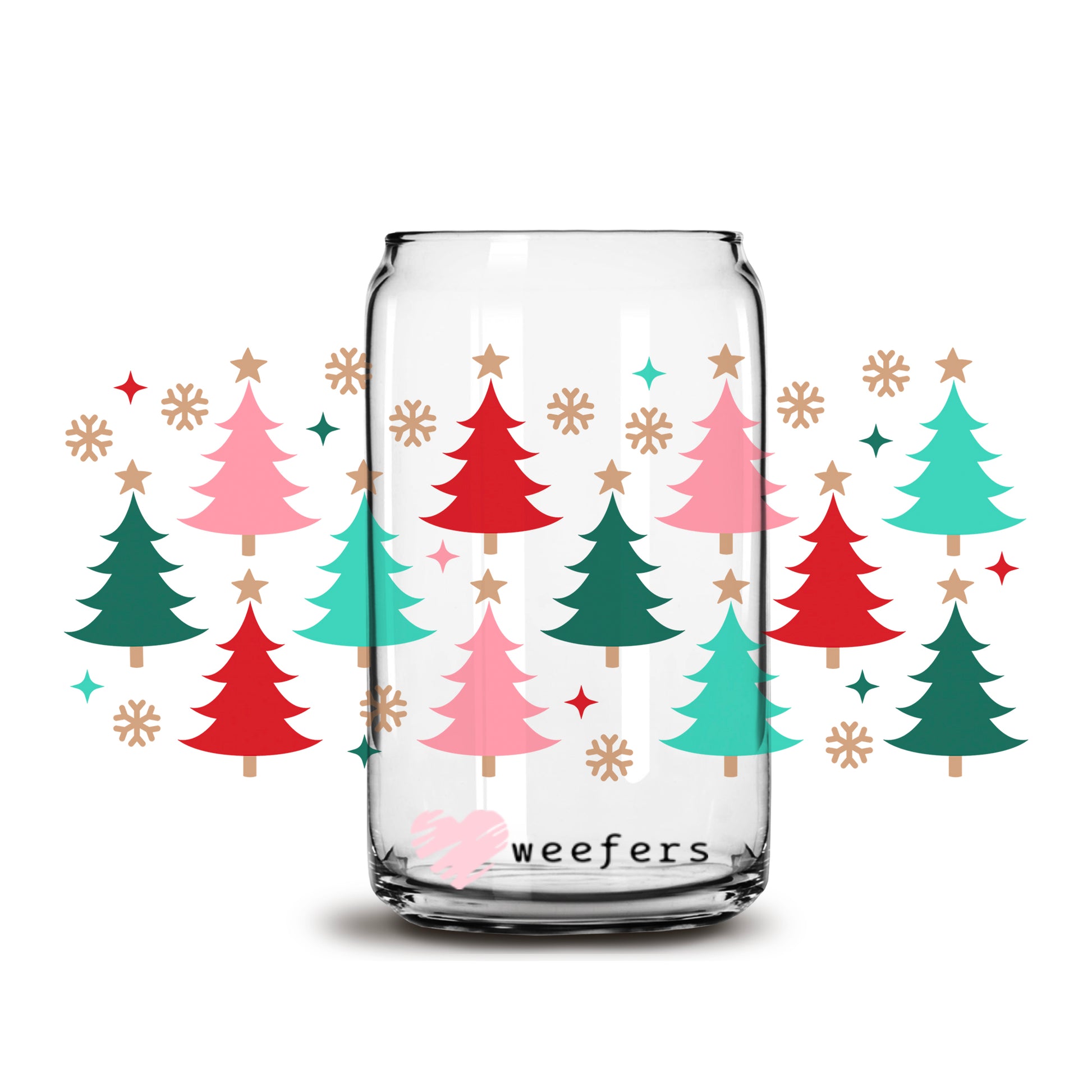 Whimsical Red and Green Christmas Trees 16oz Libbey Glass Can UV DTF or Sublimation Wrap - Decal - Weefers