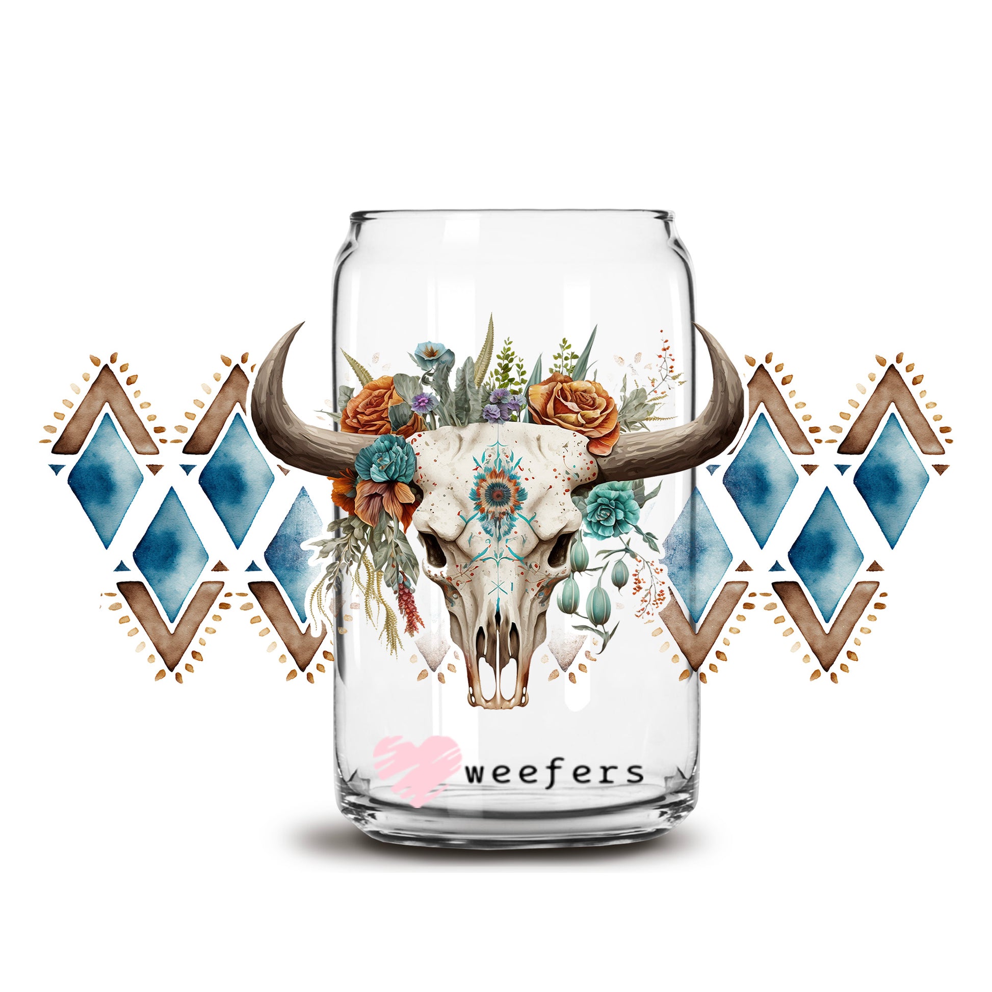 Cow Skull Aztec 16oz Libbey Glass Can UV DTF or Sublimation Cup Wrap - Decal Transfer - Weefers