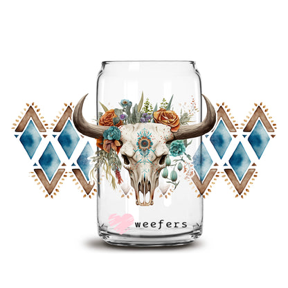 Cow Skull Aztec 16oz Libbey Glass Can UV DTF or Sublimation Cup Wrap - Decal Transfer - Weefers