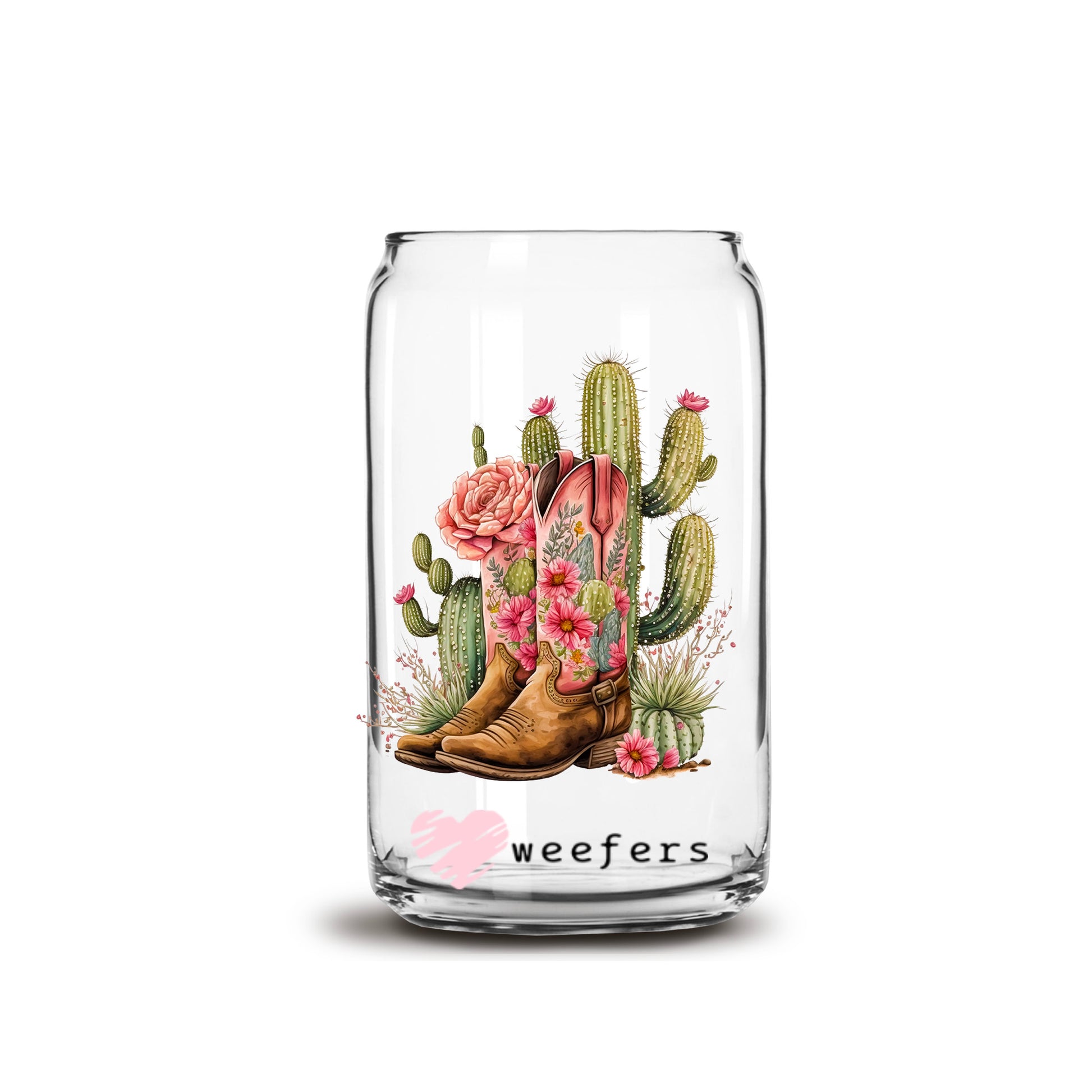 Floral Cactus Cowgirl Boots 16oz Libbey Glass Can UV DTF or Sublimation Cup Wrap - Decal Transfer - Weefers