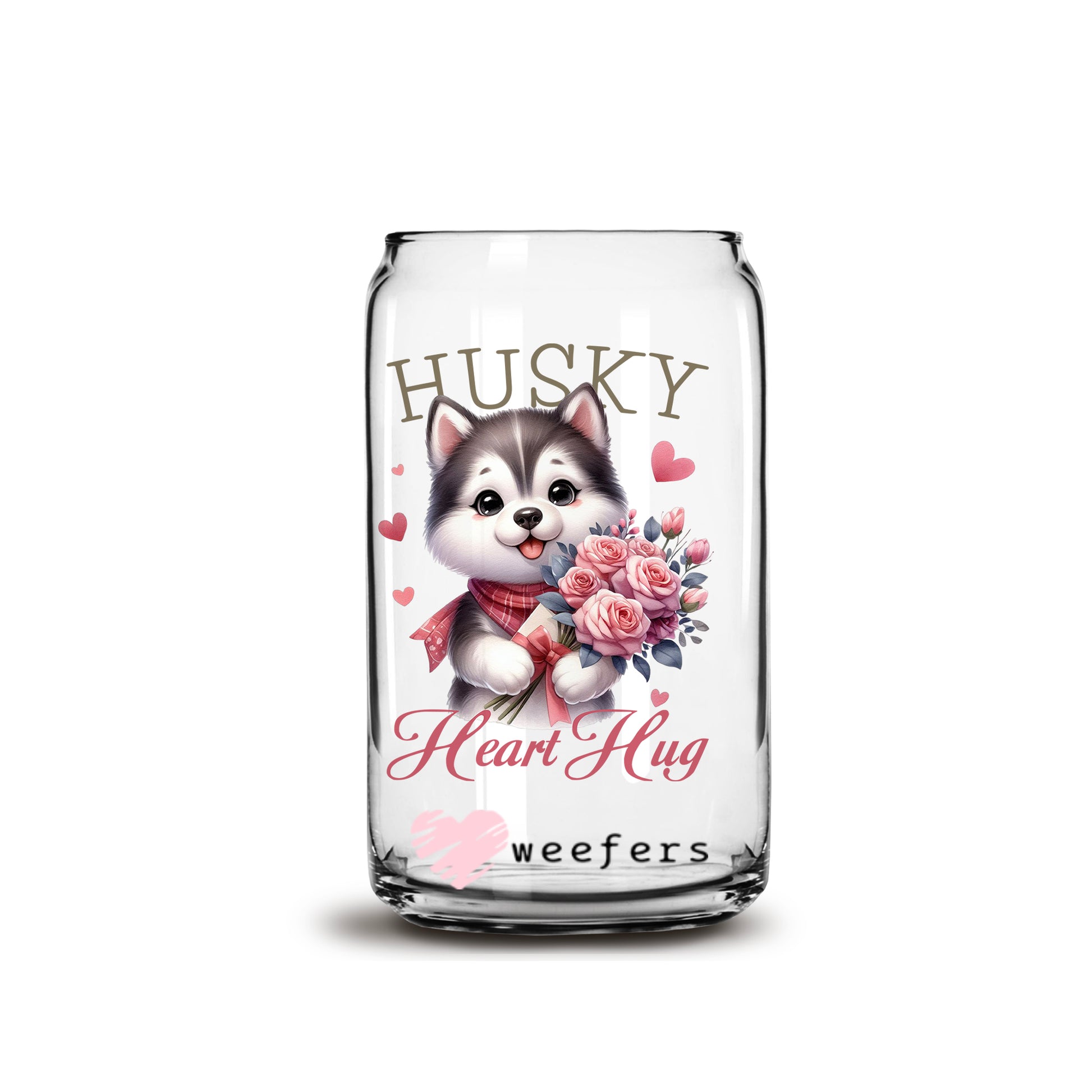 Husky Heart Hug Valentine's Day 16oz Libbey Glass Can UV DTF or Sublimation Cup Wrap - Decal Transfer - Weefers