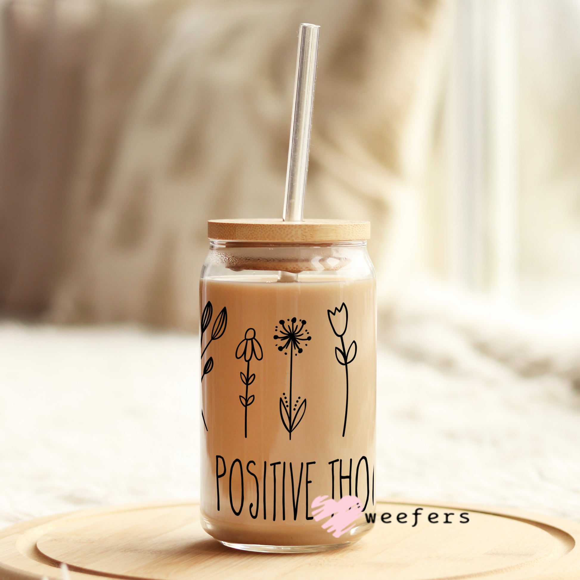 Grow Positive Thoughts 16oz Libbey Glass Can UV DTF or Sublimation Wrap - Decal - Weefers