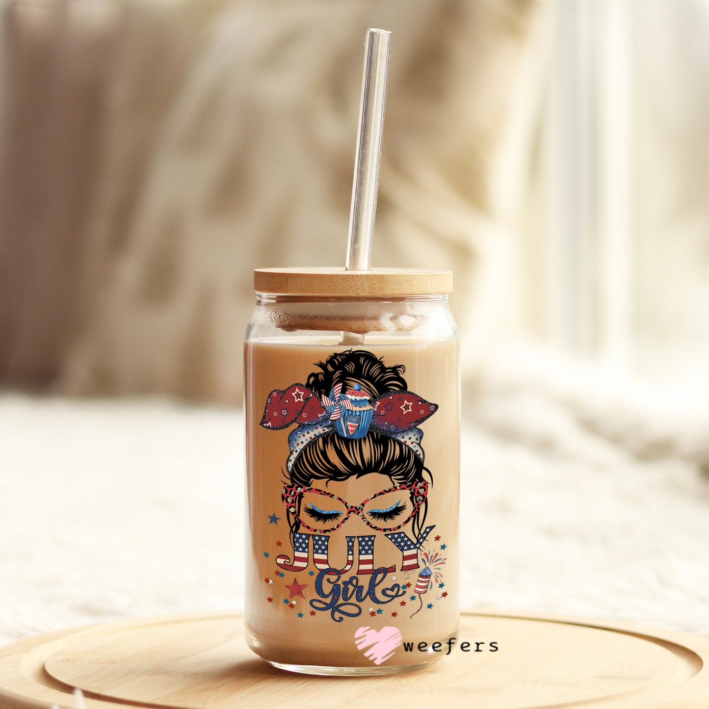 Messy Bun July Girl Birthday Month 16oz Libbey Glass Can UV DTF or Sublimation Wrap - Decal - Weefers